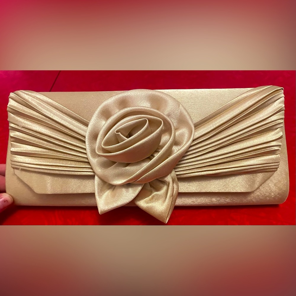 Satin Light Gold Formal Clutch Purse With Straps NEW